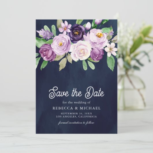Purple Floral Photo Navy Blue Wedding Save The Date (Staand voorkant)