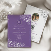 Purple Floral Photo QR Code Wedding Kaart