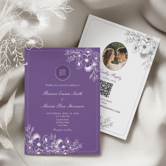 Purple Floral Photo QR Code Wedding Kaart