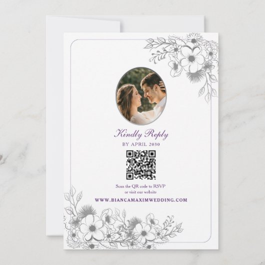 Purple Floral Photo QR Code Wedding Kaart (Achterkant)
