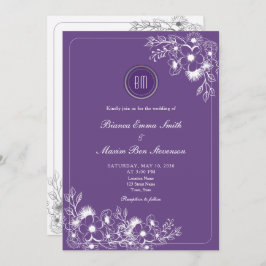 Purple Floral Photo QR Code Wedding Kaart