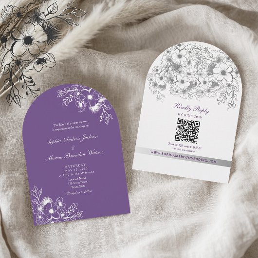 Purple Floral QR Code Wedding Kaart