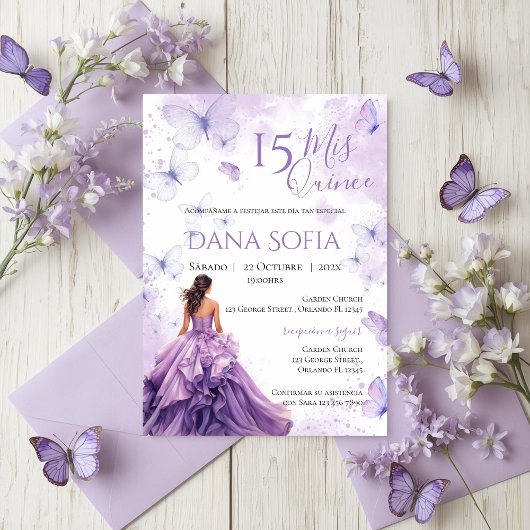 Purple Floral Quincenera Invitation Spanish Kaart