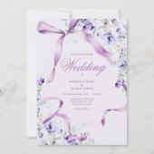 Purple Floral Ribbons Elegant Wedding Invitation Kaart (Voorkant)