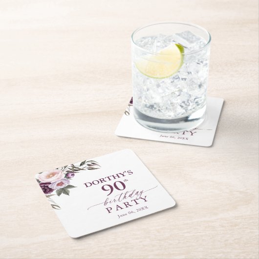 Purple Floral Script 90th Birthday  Kartonnen Onderzetters (Insitu)