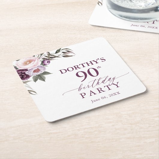 Purple Floral Script 90th Birthday  Kartonnen Onderzetters (Schuin)