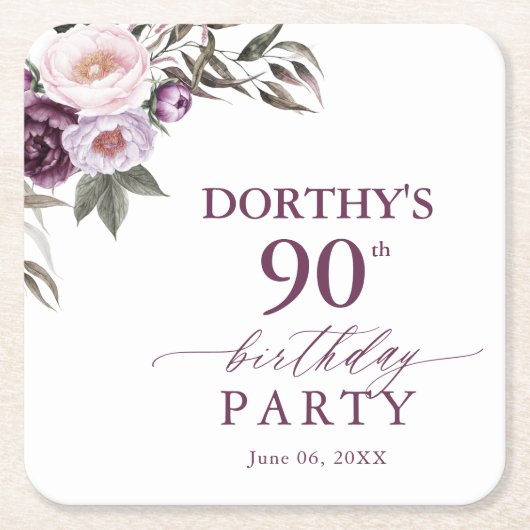 Purple Floral Script 90th Birthday Kartonnen Onderzetters (Voorkant)