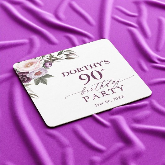 Purple Floral Script 90th Birthday  Kartonnen Onderzetters