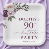 Purple Floral Script 90th Birthday  Papieren Bordje