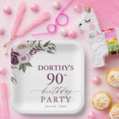 Purple Floral Script 90th Birthday  Papieren Bordje (Feest)