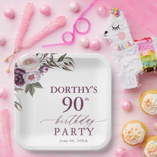 Purple Floral Script 90th Birthday  Papieren Bordje (Feest)