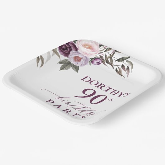 Purple Floral Script 90th Birthday  Papieren Bordje (Gebogen)