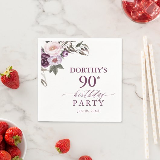Purple Floral Script 90th Birthday Servet (Insitu)