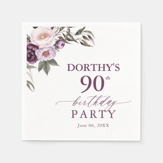 Purple Floral Script 90th Birthday Servet (Voorkant)