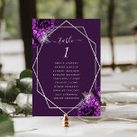 Purple Floral Silver Geometric Frame Wedding Kaart<br><div class="desc">This elegant modern wedding table number card features a silver geometric frame decorated with plum and silver floral bouquets on a purple background. The customizable text combines silver gray whimsical handwriting,  copperplate and italic fonts. The reverse side is solid purple.</div>