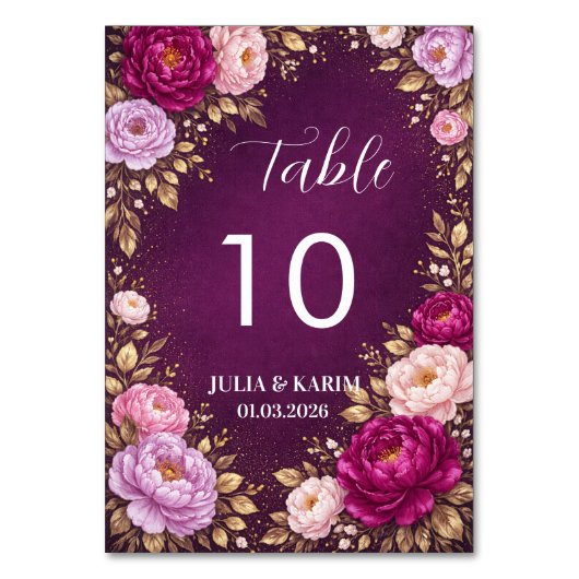 Purple Floral Table Number Cards Wedding Reception Kaart (Voorkant)