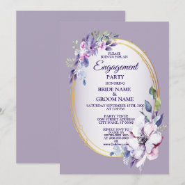 Purple Floral Watercolor Golden Engagement Party Kaart