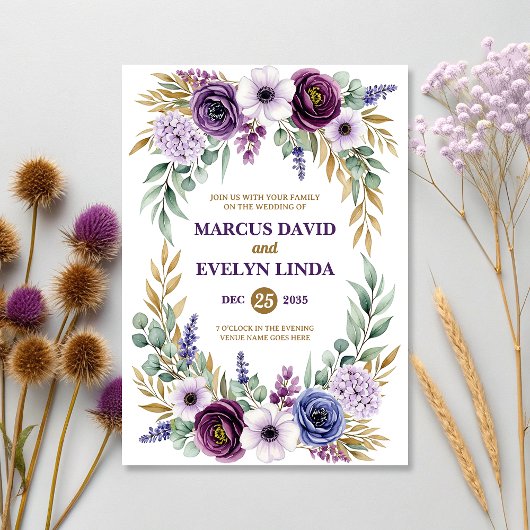 Purple Floral Watercolor Wedding Invitation Card Kaart