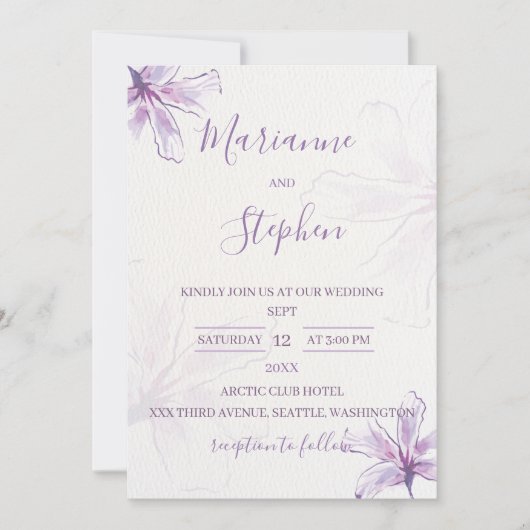 Purple Floral Watercolor Wedding Invitation Kaart (Voorkant)