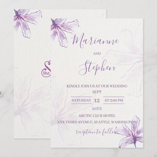Purple Floral Watercolor Wedding Invitation Kaart (Voorkant / Achterkant)
