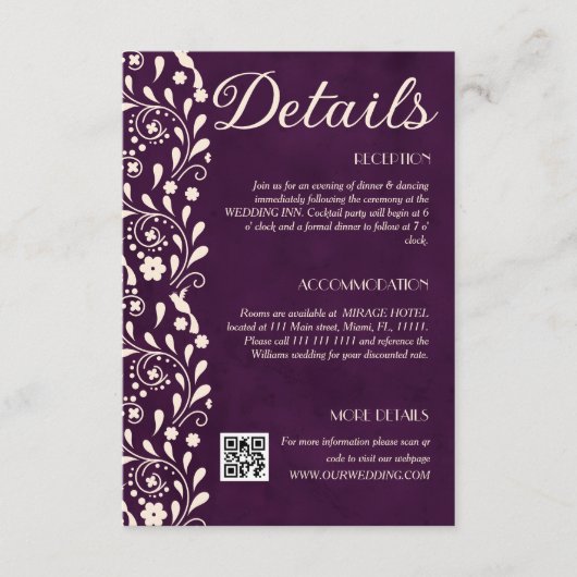 Purple Floral Wedding Details QR code Informatiekaartje (Voorkant)