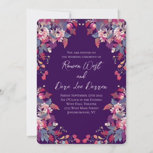 Purple Floral Wedding Invitations Bold Fall Kaart (Voorkant)