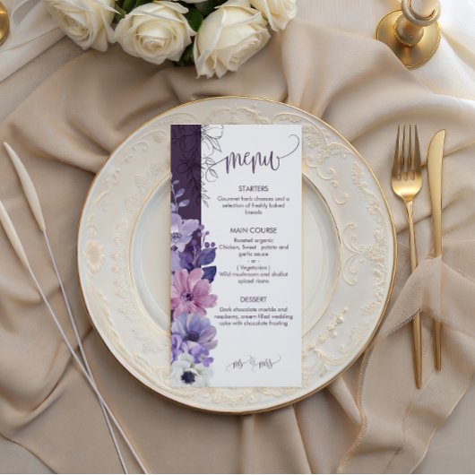 Purple Floral Wedding Menu Card