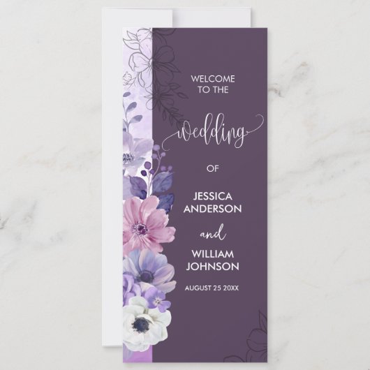 Purple Floral Wedding Program Card (Voorkant)