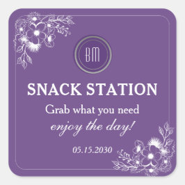 Purple Floral Wedding Snack Station Vierkante Sticker