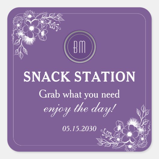 Purple Floral Wedding Snack Station Vierkante Sticker (Voorkant)