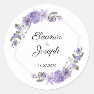 Purple Floral Wedding Sticker Circle Label