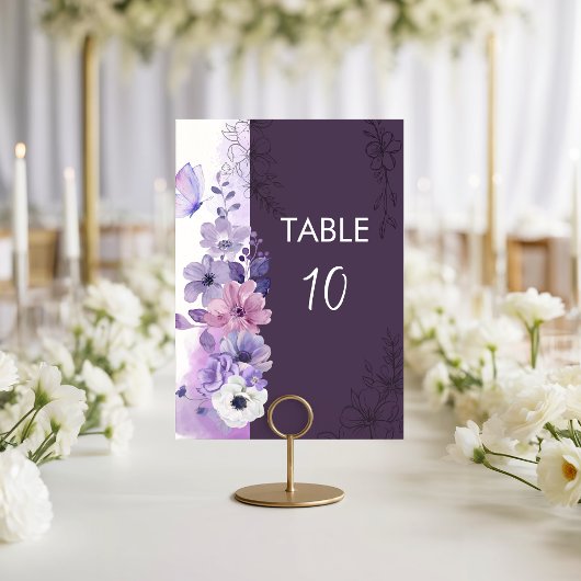 Purple Floral Wedding Table Number Card Kaart