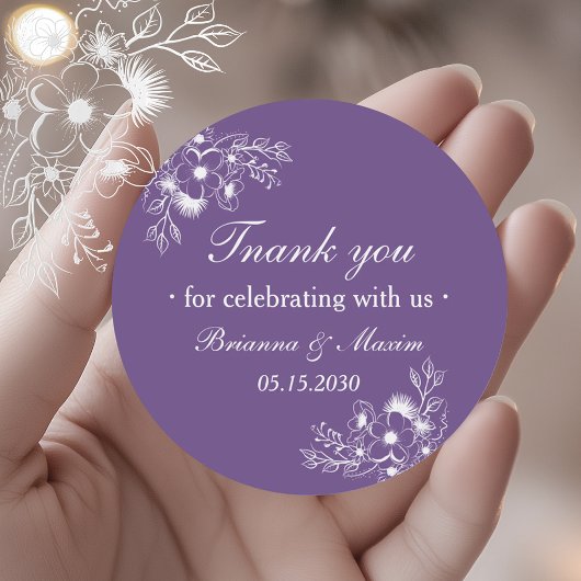Purple Floral Wedding Thank You Ronde Sticker