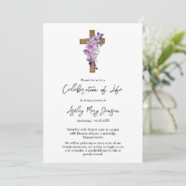 Purple flower cross Celebration of Life Funeral Kaart