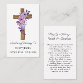 Purple flower Cross Memorial Funeral Prayer Card Visitekaartje
