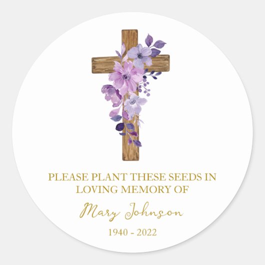 Purple Flower Cross Memorial Funeral Seed Packet Ronde Sticker (Voorkant)