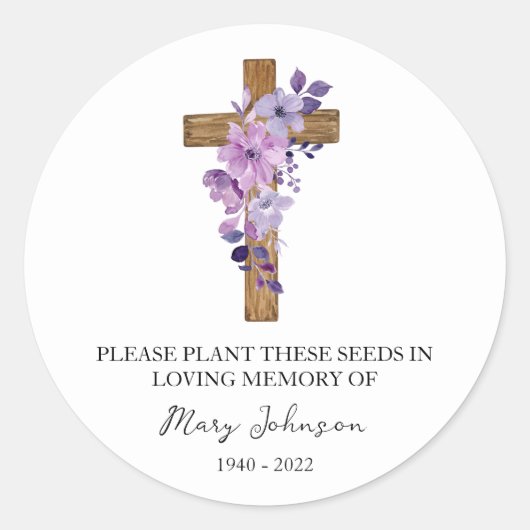 Purple Flower Cross Memorial Funeral Seed Packet Ronde Sticker (Voorkant)