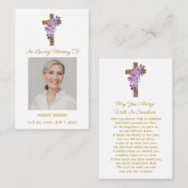 Purple Flower Cross Photo Funeral Prayer Card Visitekaartje