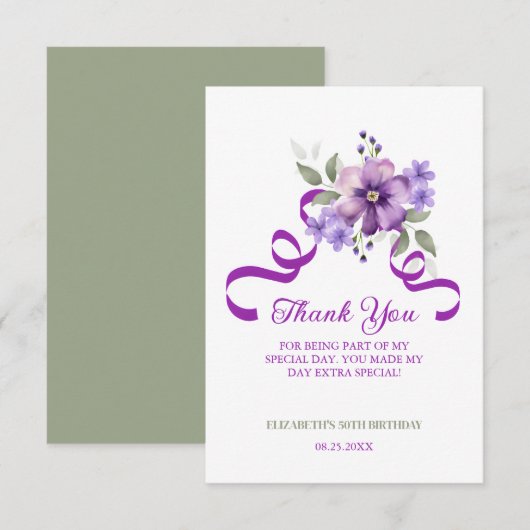 Purple Flower Greenery Ribbon Birthday Bedankkaart (Voorkant / Achterkant)
