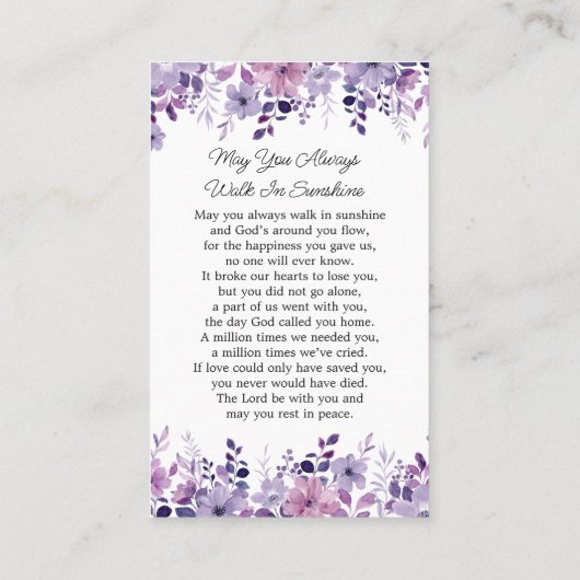 Purple Flower Memorial Photo Funeral Prayer Card Visitekaartje (Achterkant)
