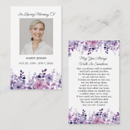Purple Flower Memorial Photo Funeral Prayer Card Visitekaartje