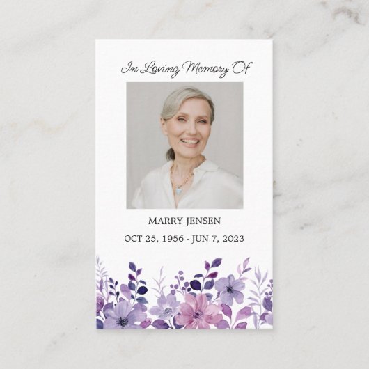 Purple Flower Memorial Photo Funeral Prayer Card Visitekaartje (Voorkant)