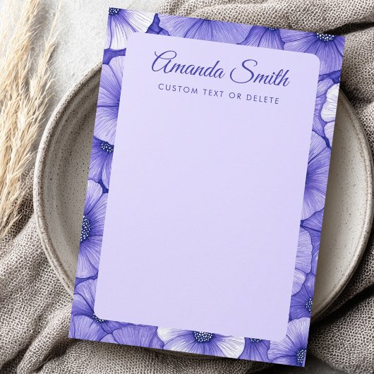 Purple flower pattern border elegant script name notitiekaartje