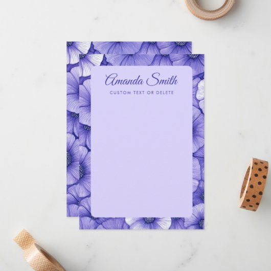 Purple flower pattern border elegant script name notitiekaartje (Voorkant / Achterkant in situ)