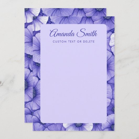 Purple flower pattern border elegant script name notitiekaartje (Voorkant / Achterkant)