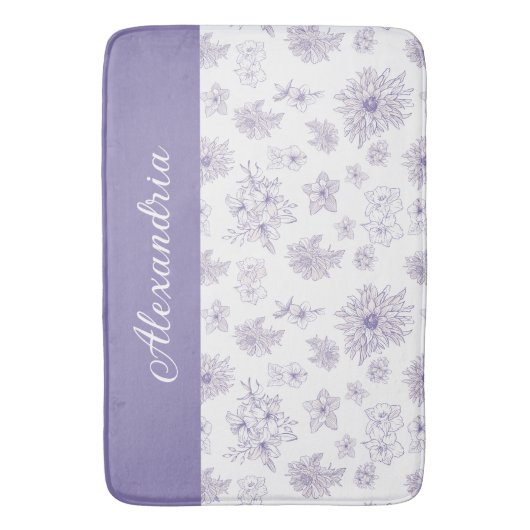 Purple Flower Pattern Custom Name  Badmat (Voorkant Verticaal)