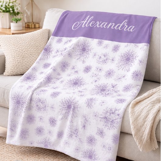 Purple Flower Pattern Custom Name Fleece Deken
