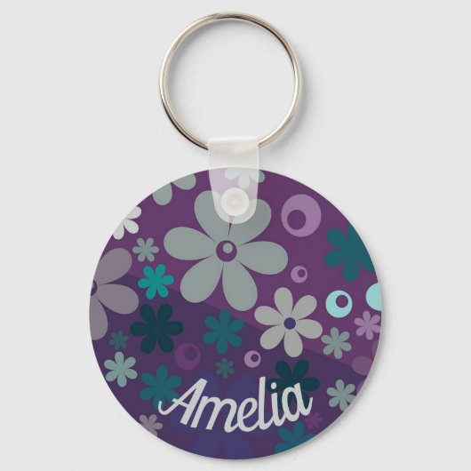 Purple Flower Pattern Cute Personalised Sleutelhanger (Voorkant)