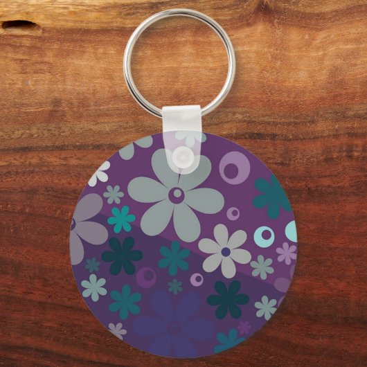 Purple Flower Pattern Cute Personalised Sleutelhanger (Achterkant)