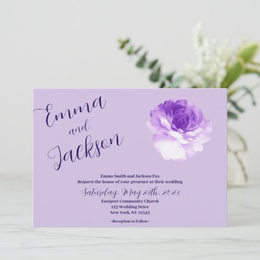 Purple Flower Script Wedding Invitation Kaart (Staand voorkant)